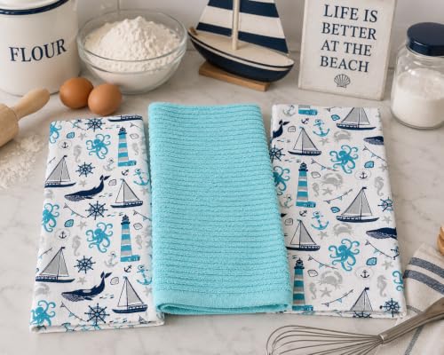 Coastal Kitchen Dish Hand Towel Set: Nautical Ocean Lighthouse Sea Life Design, Set of 3, 100% Cotton (Coastal) - color: Coastal