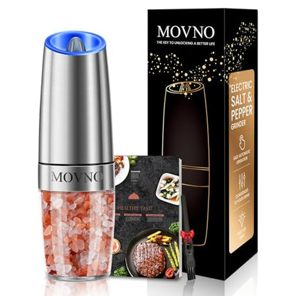 Gravity Electric Salt and Pepper Grinder Set, Battery Powered LED Light One Hand Automatic Operation, Adjustable Coarseness Mill Grinders Shakers Black (G.Silver 1p)