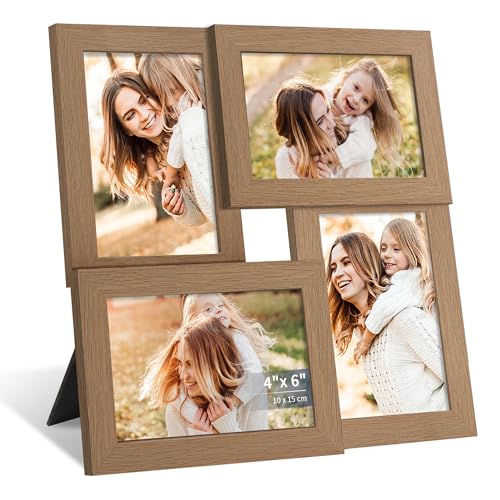 4x6 Collage Picture Frame, Wooden Frame with Real Glass, 4 Opening | Multi Picture Frame with Stand for Wall or Tabletop Display, Gallery Frame for Home Décor, Family Photo Display, Natural Oak - color: Natural Oak