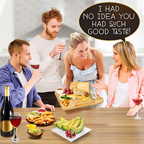 NutriChef Bamboo Natural Cheese Board Set with Bonus Condiment Cup-Extra Large Size 100% Home Organic Wooden Plate and Charcuterie Tray with 4 pcs Cutting Knife Slicer, 13" Square - style: Square