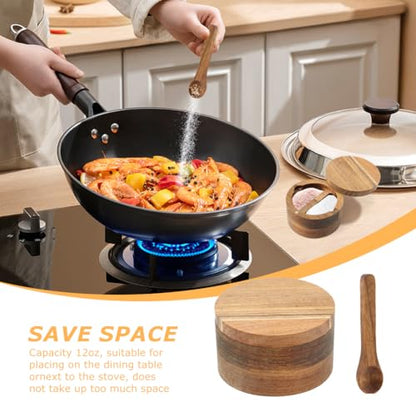 Saycker Wood Salt and Pepper Bowl, with Swivel Lid and Spoon Round Salt Container Spices Storage Box(10.3cm/4.06inch Dia) - color: L