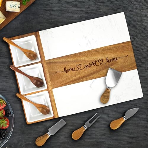 EMM Marble Cutting Board Set, Charcuterie Cheese Boards, 3 Bowls, 3 Spoons, 4 Charcuterie Utensils, Meat, Fruits, Vegetables, Housewarming, Wedding - Home Sweet Home - style: Marble-Home Sweet Home