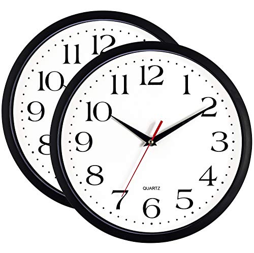 Bernhard Products Black Wall Clocks 2 Pack Silent Non Ticking - 12 Inch Quality Quartz Battery Operated Round Easy to Read Home/Office/Classroom/Business/Kitchen/School Clock - color: Black, size: 12 Inch - 2 Clocks