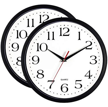 Bernhard Products Black Wall Clocks 2 Pack Silent Non Ticking - 12 Inch Quality Quartz Battery Operated Round Easy to Read Home/Office/Classroom/Business/Kitchen/School Clock - color: Black, size: 12 Inch - 2 Clocks