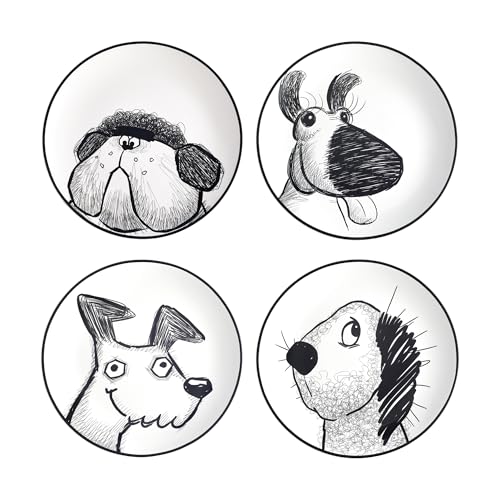 Bico Doodle Pawtrait Ceramic Salad Plates Set of 4, 8.75 Inch Dessert Plates for Salad, Appetizer, Side Dishes, Microwave and Dishwasher Safe, Gift for Housewarming and Thanksgiving - color: Doodle Pawtrait
