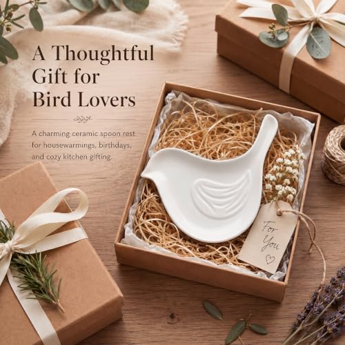Cute Bird Spoon Rest for Stove Top Farmhouse Kitchen Decoration | Spoon Holder for Stove Counter, White, Cute Utensil Rest, Cooking Lovers, Housewarming Gifts, 5.3 x 4.5 Inches - style: Bird