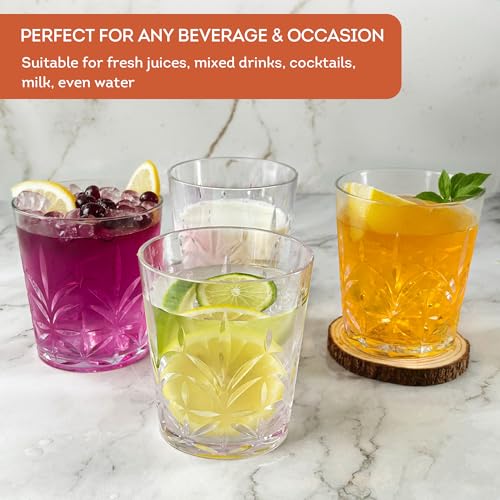 Lily's Home Unbreakable Premium Drinking Glasses Set of 4, Plastic Cups, Reusable Drinkware, Tumblers Water Cups, Shatterproof & Stackable, Indoor & Outdoor, 3.5in×3.9in, 13.5oz. Made in Taiwan. - size: 13.5 Ounces (Crystal)
