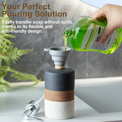 Dish Soap Dispenser Set with Silicone Funnel, Hand Soap, Shampoo, Body Wash, Ceramic Liquid Soap Dispenser for Kitchen and Bathroom Countertops, Stainless Steel Pump, Non Slip, 12 Oz, Black - color: Black and White, size: 1xSoap Dispenser