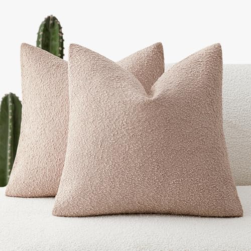 Foindtower Set of 2, Decorative Textured Boucle Throw Pillow Covers Accent Solid Pillow Cases Neutral Soft Cozy Couch Cushion Case for Chair Sofa Bedroom Living Room Home Decor 16 x 16 Inch Light Pink - color: Light Pink, size: 16" x 16" (Pack of 2)