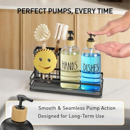 Moforoco Kitchen Dish Soap Dispenser Set, 16OZ Glass Bottle, Hand and Dish Soap Dispenser Set, Instant Dry Tray, Brush Holder with Smiley Face Sponge Holder (Black Tray+Clear Bottle) - color: Black Tray+clear Bottle