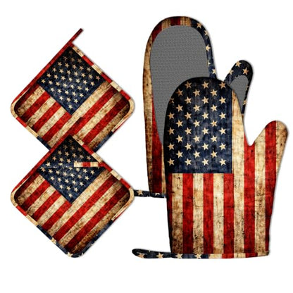 Retro USA Flag Oven Mitts and Pot Holders Set of 4, Heat Resistant Non Slip Kitchen Gloves Hot Pads, Chef Cooking Baking Gifts for Women Bakers, Kitchen Gifts for Cooking Lover Cooks Mom - color: Retro Usa Flag