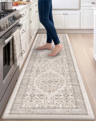 DEXI Kitchen Floor Mats Cushioned Anti Fatigue Runner Rug, 23x86 | Beige/White Soft Comfort Memory Foam, Easy Care, Waterproof, Standing Padded for Front Sink Laundry Office Farmhouse - color: Beige/White, size: 86"L x 23"W x 0.4"Th