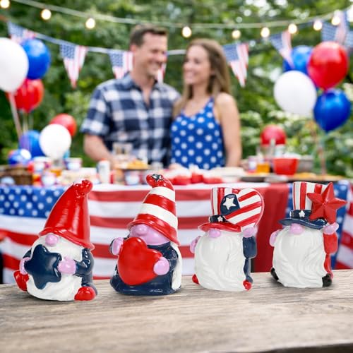 4th of July Decorations Patriotic Gnome Figurines, 4 Pcs Small Resin Gnome Statues, Red White and Blue Memorial Day Decor for Home Outdoor Garden Tiered Tray Shelf Mantel Tabletop Centerpieces