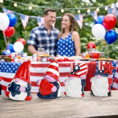 4th of July Decorations Patriotic Gnome Figurines, 4 Pcs Small Resin Gnome Statues, Red White and Blue Memorial Day Decor for Home Outdoor Garden Tiered Tray Shelf Mantel Tabletop Centerpieces