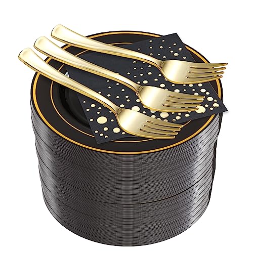 Black and Gold Dessert Plates Set, 100 Plates, Forks and Cocktail Napkins | Sturdy plastic, cake service, appetizer tables, salad course, weddings, graduations, easy cleanup - color: Black, style: Plates,Forks and Napkins