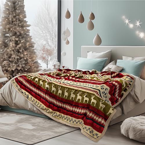 PAVILIA Premium Christmas Sherpa Throw Blanket, Green Red Cabin Design with Reindeer Print, Ultra Soft Reversible Fleece & Sherpa 90x90 Queen Winter Blanket, Cozy Christmas & Holiday Decor - color: Red, size: 90 x 90 Inches - Queen
