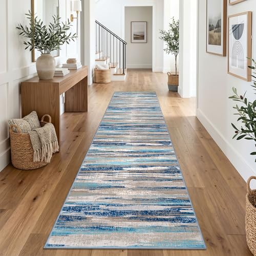 Lansny Abstract Washable Runners for Hallway 2.6x12 Runner Rug Non Slip | Blue;Thin Printed Faux Wool Rug Runner;Rubber Backed Floor Carpet 12ft;Extra Long Runner Rugs for Hall Entryway Kitchen - color: Blue Aqua/Beige Taupe Multi, size: 2'7" x 12' (Runne
