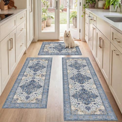 3 Piece Kitchen Rugs Sets with Runner, Washable Non Slip Soft Boho Kitchen Mats, Low Pile Stain Resistant Carpet for Hallway, Laundry Room, Entryway (20"x32"+20"x48"+20"x59", Blue Beige Cream) - color: Blue Beige Cream