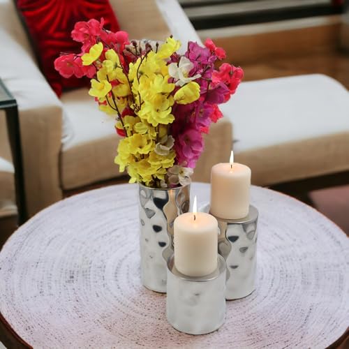 Hosley Silver Color Pillar LED Candle Holders/Vases Set of 3. Also usable as Vase. Ideal Gift for Wedding Party Home SPA Aromatherapy Reiki Candle Garden O3 - size: 3 Count (4" High, 6" High, 8" High)