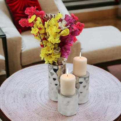 Hosley Silver Color Pillar LED Candle Holders/Vases Set of 3. Also usable as Vase. Ideal Gift for Wedding Party Home SPA Aromatherapy Reiki Candle Garden O3 - size: 3 Count (4" High, 6" High, 8" High)