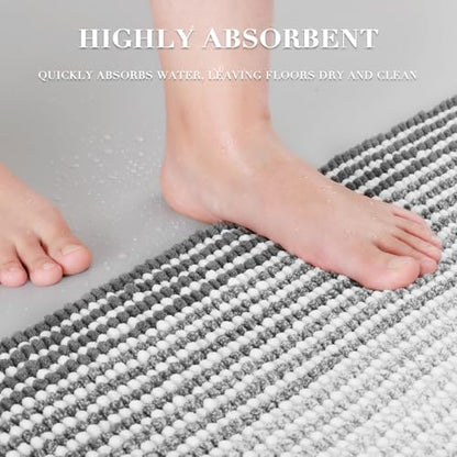 Bathroom Rugs Sets 3 Piece, Toilet Rugs U-Shaped Contour Bath Mat Set, Striped Absorbent Non Slip Chenille Shower Mat, Gray - color: Grey, size: 20"x32"+16"x24"+U Shape 20"x24"