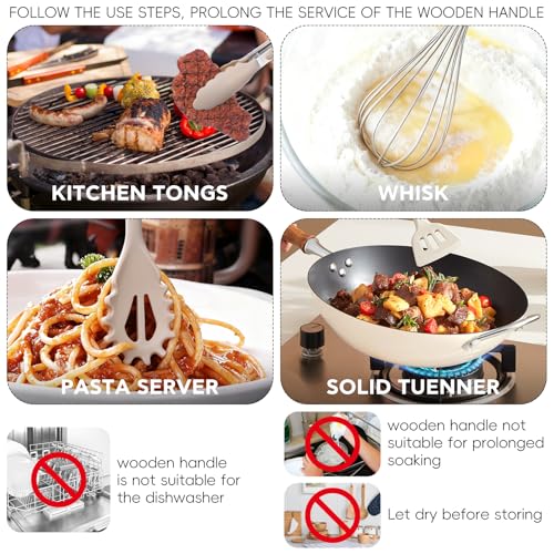 12 Pcs Kitchen Utensils Set, 446°F Heat Resistant Silicone | Non-Toxic Wooden Cooking Tools for Nonstick Cookware, Khaki Kitchen Gadgets Set, Accessories for Daily Cooking & Baking