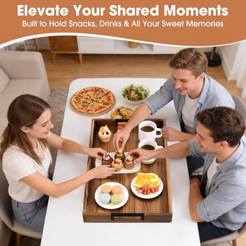 Large Ottoman Tray for Living Room and Coffee Table, Decorative Acacia Wood Serving Tray with Metal Handles for Breakfast in Bed, Dinner Food Kitchen TV (Natural, 24" x 15" x 2") - size: 24" x 15" x 2"