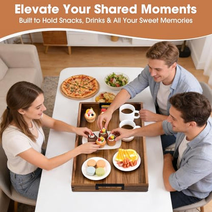 Large Ottoman Tray for Living Room and Coffee Table, Decorative Acacia Wood Serving Tray with Metal Handles for Breakfast in Bed, Dinner Food Kitchen TV (Natural, 24" x 15" x 2") - size: 24" x 15" x 2"