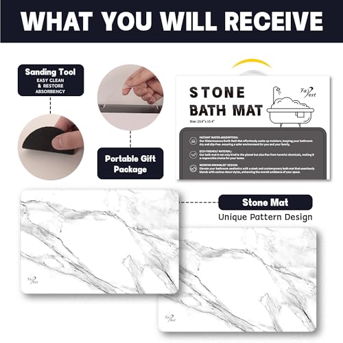 2 Pack Stone Bath Mat - Diatomaceous Earth Bath Mat Fast-Drying Stone Drying Mat Super Absorbent Diatomite Mats for Bathroom, Dish Drying, Bathtub (White Marble - color: White Marble-24*16-2 Pack