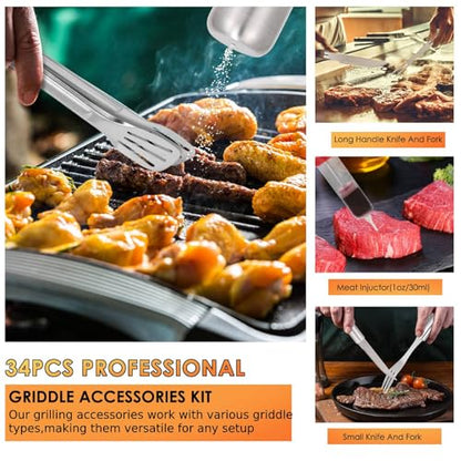 Yoehka BBQ Grilling Accessories Set, 34Pcs Heavy Duty Grill Tools, Brown | For Outdoor Camping, Grilling Gifts for Fathers Day, Men Dad, Stainless Steel Barbecue Utensils Kit, Includes Mats and Glove - style: Brown handle