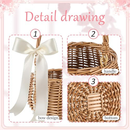 Weysat 2 Pcs Small Flower Girl Basket with Handle, Pearl and Bow, Wicker Rattan Flower Basket Set, Rustic, Cute, Hand Woven for Wedding Girl Home Decorations Picnic Garden Candy Sweets Gifts Storage - style: Pearl and Bow