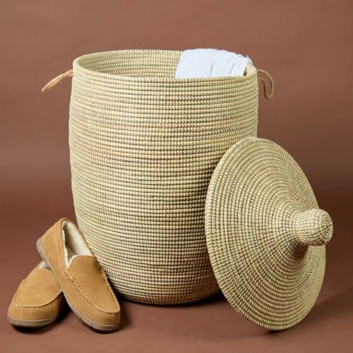Tall Large Decorative Wicker Storage Basket with Lid, Laundry Hamper, Blanket Storage, Toys Bin, Clothes Holder, Boho Style (Beige) - color: Beige