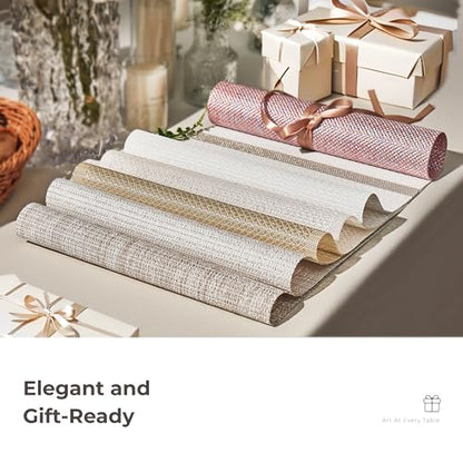 Leetaltree Woven Vinyl Placemats Set of 24, Gold Sequin | Waterproof & Washable Dining Table Mats for Wedding, Anniversary, Daily Use, Hand-Cut, Easy to Clean - color: 00- Gold Sequin, size: Set of 24