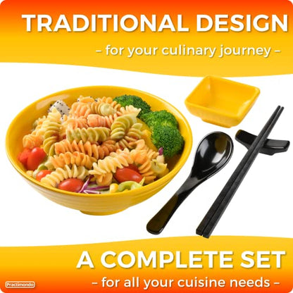 Unbreakable Ramen Bowl Set with Chopsticks and Spoon: 2 large Japanese Style Melamine Ramen Bowls, Dipping Bowls and Chopstick Stands for Asian Pho Soup Thai Miso Udon Wonton (2 Bowl Set, Yellow) - color: Yellow, size: 2 Bowl Set