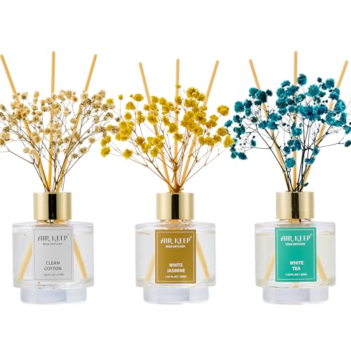 Reed Diffuser Set of 3,Clean Cotton White Jasmine White Tea Oil Reed Diffusers for Bedroom Living Room Office Aromatherapy Oil Reed Diffuser for Gift 50ml x 3
