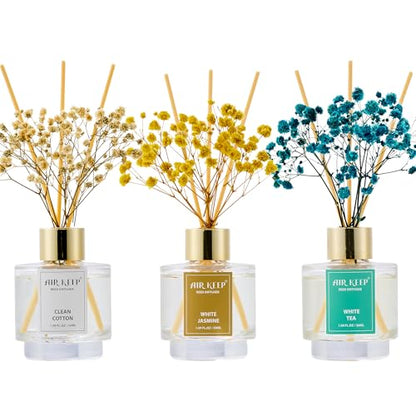 Reed Diffuser Set of 3,Clean Cotton White Jasmine White Tea Oil Reed Diffusers for Bedroom Living Room Office Aromatherapy Oil Reed Diffuser for Gift 50ml x 3