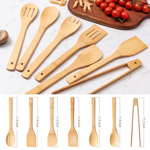 Eisinly Wooden Spoons for Cooking 7-Piece, Kitchen Nonstick Bamboo Cooking Utensils Set, Durability Wooden Spatula Spoon for Everyday Use, Smooth Edge - color: Yellow-Bamboo, style: Smooth-edge