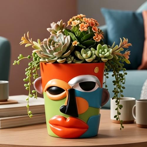 Abstract Face Planter Pot, Modern Face Planter for Indoor Plants, Colorful Cubist-Inspired Resin Plant Pot for Succulents Pothos Faux Flowers, Unique Small Planter for Shelf Table Desk Home Decor - style: Mid-Century Modern