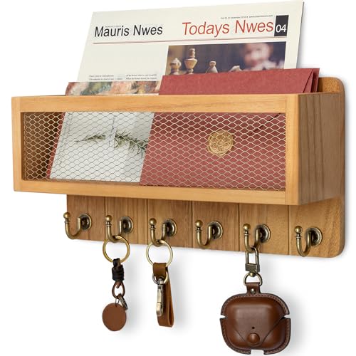 Rebee Vision Key Holder Wall Mount with 6 Hooks for Entryway, Light Brown | Key Holder for Wall, Mail Storage, Mesh Storage Basket, Key Rack & Storage Organizer, Space-Saving Design, Home Decor - color: Yellow