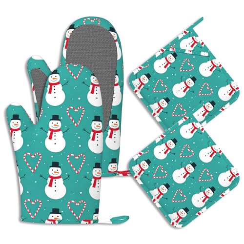 Christmas Snowmen Oven Mitts and Pot Holders Sets of 4 Love Heart Candy Canes Heat Resistant Silicone Oven Mits Gloves Non-Slip Kitchen Mittens Potholders for Cooking Baking Grilling BBQ - color: Christmas Snowmen,love Heart Candy Canes