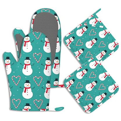 Christmas Snowmen Oven Mitts and Pot Holders Sets of 4 Love Heart Candy Canes Heat Resistant Silicone Oven Mits Gloves Non-Slip Kitchen Mittens Potholders for Cooking Baking Grilling BBQ - color: Christmas Snowmen,love Heart Candy Canes