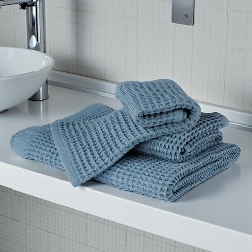 DEMMEX Organic Cotton Waffle Weave Turkish Towel Set for Bathroom, 1 Bath & 2 Large Hand Towels, 100% Oeko-TEX Certified Premium Turkish Cotton, Super Soft Lightweight Quick Dry (Slate Blue)