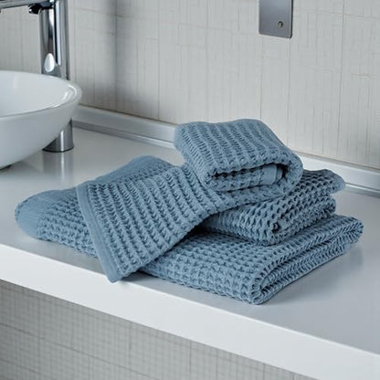 DEMMEX Organic Cotton Waffle Weave Turkish Towel Set for Bathroom, 1 Bath & 2 Large Hand Towels, 100% Oeko-TEX Certified Premium Turkish Cotton, Super Soft Lightweight Quick Dry (Slate Blue)