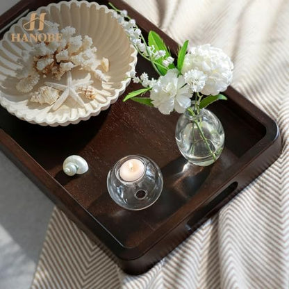 Hanobe 20" Large Wooden Ottoman Serving Trays for Coffee Table Decor | Walnut Big Decorative Tray with Handles for Modern Farmhouse Living Room Decor