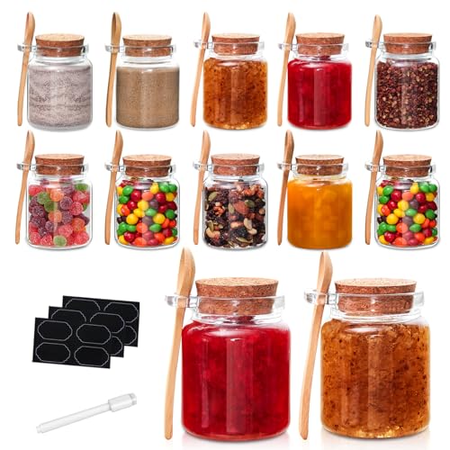 YEBODA 10 oz Small Glass Storage Jars with Cork Lids and Spoons, 12 Pack | Clear jars for spices, bath salts, sugar scrubs, yogurt and DIY gifts; includes labels, marker and funnel.