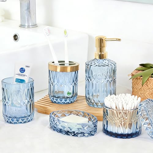 Blue Bathroom Accessories Set - 5PCS Clear Glass Bathroom Accessory Set (Toothbrush Holders, Soap Dispenser, Soap Dish, Tumbler, Cotton Swab Jar), Countertop Vanity Organizer Modern Decor Vintage Gift - style: Blue