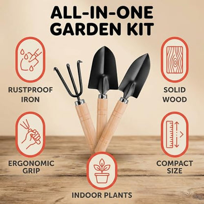 3PCS Small Garden Tools Set - Mini Garden Tools Set with Trowel, Shovel & Hand Rake Made of Rust-Resistant Iron & Solid Wood for Indoor Plants, Succulents, Potting & Repotting