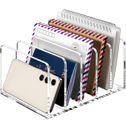 BEYGORM Acrylic Mail Holder, 5 Compartments Multifunction Desk Organizer | Clear Vertical Letter Sorter with Dividers, Modern Office & Home Storage for Documents, Notebooks & Folders - size: Large