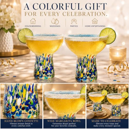 Large Stemless Hand Blown Confetti Margarita Glasses - 14 oz - Set of 2 | Colorful Artisan Glassware, Perfect for Margaritas, Martinis, Wine, Cocktails & Champagne, Great for Cinco de Mayo & Parties - style: Mexican Confetti Margarita Glass