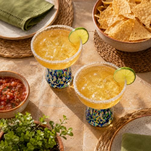 Large Stemless Hand Blown Confetti Margarita Glasses - 14 oz - Set of 2 | Colorful Artisan Glassware, Perfect for Margaritas, Martinis, Wine, Cocktails & Champagne, Great for Cinco de Mayo & Parties - style: Mexican Confetti Margarita Glass